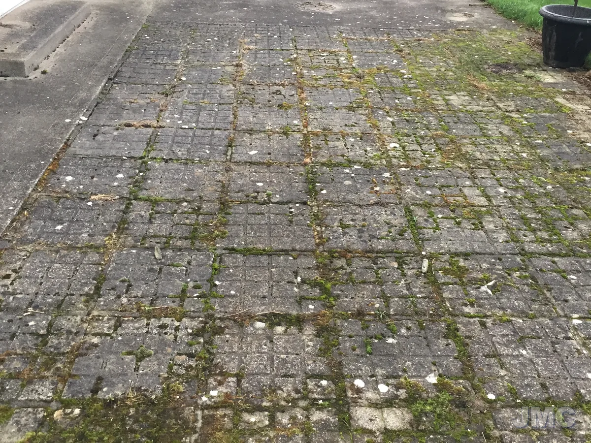 Before: Patio slabs, moss and weeds cleared
