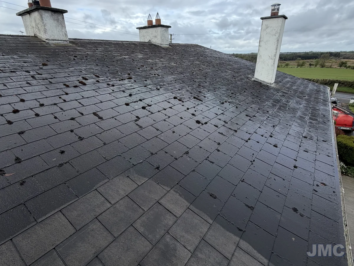 Before: Slate roof and chimneys washed